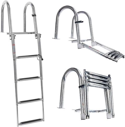 NovelBee 4 Steps Heavy Duty Welded 316 Stainless Steel Pontoon Boat Ladder,Folding Telescoping Rear Entry Dock Ladder with Wide Step,Inboard Handrail and Screws in Saudi Arabia
