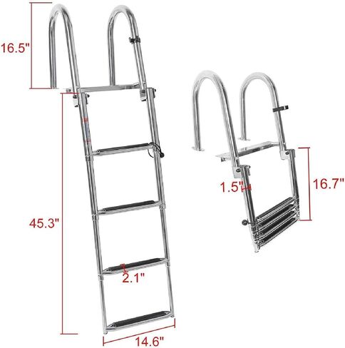 NovelBee 4 Steps Heavy Duty Welded 316 Stainless Steel Pontoon Boat Ladder,Folding Telescoping Rear Entry Dock Ladder with Wide Step,Inboard Handrail and Screws in Saudi Arabia