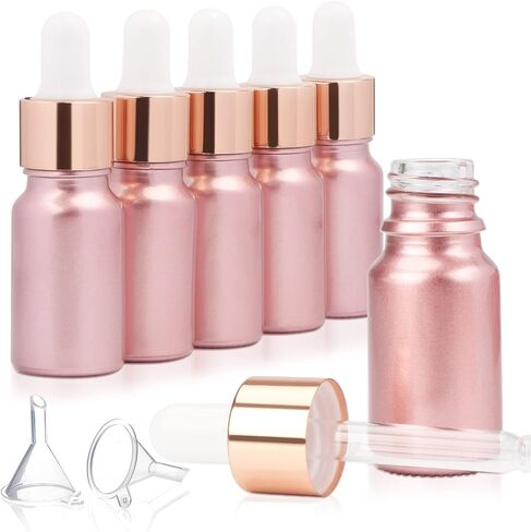6 قطع، زجاجة قطارة للزيوت العطرية من الزجاج الوردي المطلي سعة 10 مل، قوارير زجاجية سميكة فارغة لتوزيع العطور مع ماصة زجاجية وغطاء ذهبي وردي، حامل سائل للسفر، حاوية حماية من الأشعة - قمعان مجانيان in Kuwait