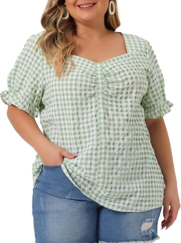 Agnes Orinda Women's Plus Size Gingham Tops 1950s Sweetheart Neck Flounce Sleeve Summer Blouse Top in Saudi Arabia
