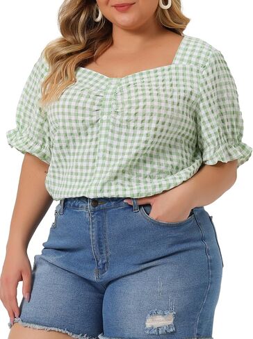 Agnes Orinda Women's Plus Size Gingham Tops 1950s Sweetheart Neck Flounce Sleeve Summer Blouse Top in Saudi Arabia