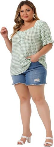 Agnes Orinda Women's Plus Size Gingham Tops 1950s Sweetheart Neck Flounce Sleeve Summer Blouse Top in Saudi Arabia