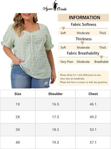 Agnes Orinda Women's Plus Size Gingham Tops 1950s Sweetheart Neck Flounce Sleeve Summer Blouse Top in Saudi Arabia