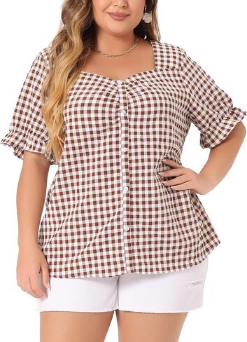Agnes Orinda Women's Plus Size Gingham Tops 1950s Sweetheart Neck Flounce Sleeve Summer Blouse Top in Saudi Arabia
