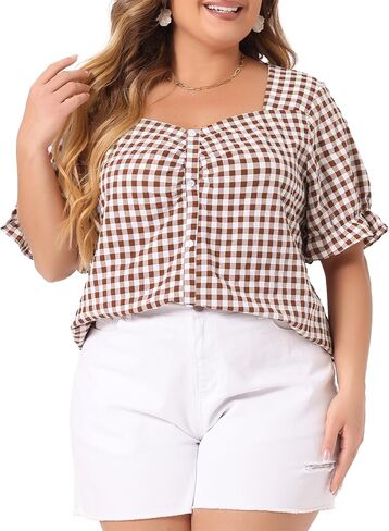 Agnes Orinda Women's Plus Size Gingham Tops 1950s Sweetheart Neck Flounce Sleeve Summer Blouse Top in Saudi Arabia