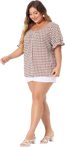 Agnes Orinda Women's Plus Size Gingham Tops 1950s Sweetheart Neck Flounce Sleeve Summer Blouse Top in Saudi Arabia
