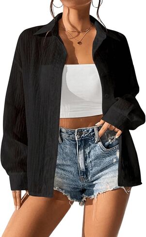 SweatyRocks Women's Long Sleeve Drop Shoulder Button Down Shirt Loose Fit Sheer Blouse Top in Saudi Arabia
