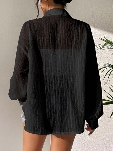 SweatyRocks Women's Long Sleeve Drop Shoulder Button Down Shirt Loose Fit Sheer Blouse Top in Saudi Arabia