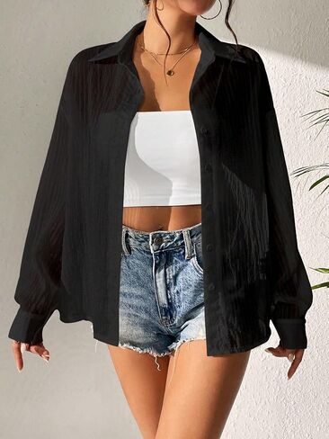 SweatyRocks Women's Long Sleeve Drop Shoulder Button Down Shirt Loose Fit Sheer Blouse Top in Saudi Arabia