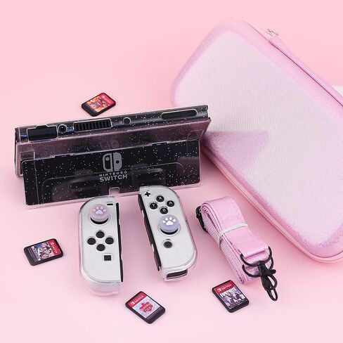 حقيبة حمل RHOTALL باللون الوردي اللامع لجهاز Nintendo Switch OLED، حقيبة سفر صلبة محمولة لملحقات Switch OLED مع غطاء حماية لامع شفاف، وحزام كتف، وغطاءين للإبهام in Kuwait