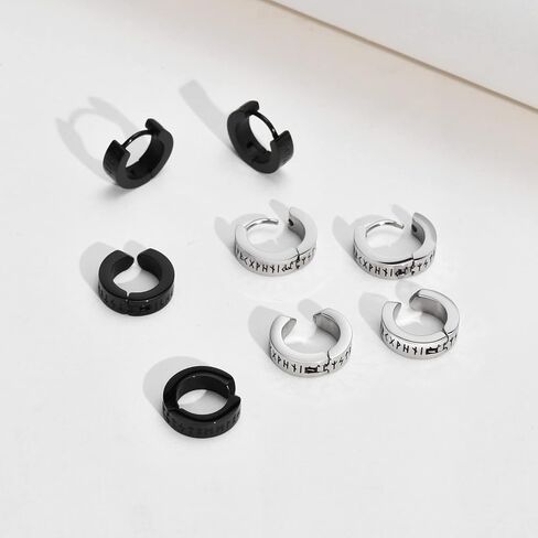 حلق نورس فايكنغ للرجال - هدايا مجوهرات حماية التميمة من الفولاذ المقاوم للصدأ للرجال، أقراط هوجي بمفصلات مع رونية فوثارك من الشمال، أسود/فضي/ذهبي، زوج واحد in Kuwait