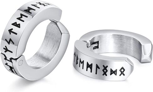 حلق نورس فايكنغ للرجال - هدايا مجوهرات حماية التميمة من الفولاذ المقاوم للصدأ للرجال، أقراط هوجي بمفصلات مع رونية فوثارك من الشمال، أسود/فضي/ذهبي، زوج واحد in Kuwait