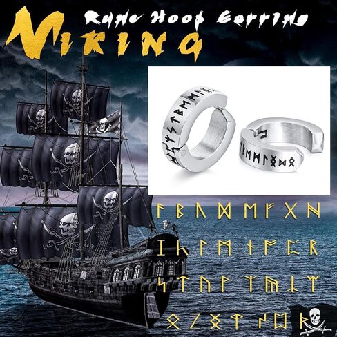 حلق نورس فايكنغ للرجال - هدايا مجوهرات حماية التميمة من الفولاذ المقاوم للصدأ للرجال، أقراط هوجي بمفصلات مع رونية فوثارك من الشمال، أسود/فضي/ذهبي، زوج واحد in Kuwait