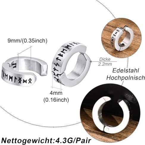 حلق نورس فايكنغ للرجال - هدايا مجوهرات حماية التميمة من الفولاذ المقاوم للصدأ للرجال، أقراط هوجي بمفصلات مع رونية فوثارك من الشمال، أسود/فضي/ذهبي، زوج واحد in Kuwait