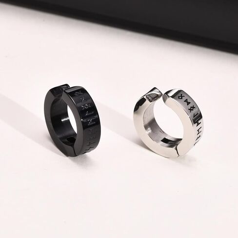 حلق نورس فايكنغ للرجال - هدايا مجوهرات حماية التميمة من الفولاذ المقاوم للصدأ للرجال، أقراط هوجي بمفصلات مع رونية فوثارك من الشمال، أسود/فضي/ذهبي، زوج واحد in Kuwait