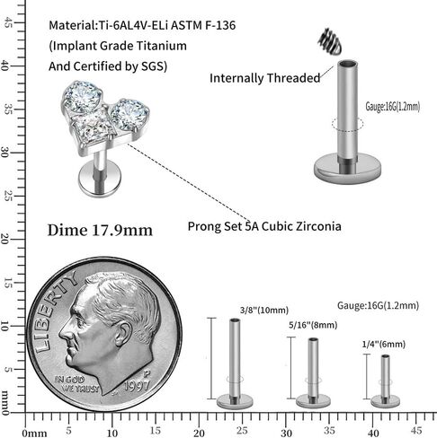 Titanium Cartilage Stud Threaded Tragus Earring Labret Jewelry 16G Flat Back Stud Ear Piercing Jewelry for Womens Gift in Kuwait