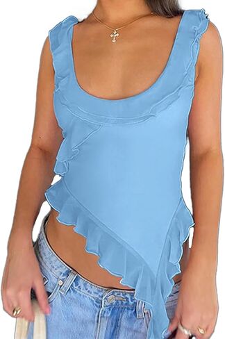 korssyee Womens Summer Cropped Tank Tops Y2K Going Out Sleeveless Scoop Neck Mesh Fitted Crop Camisole Shirt in Kuwait