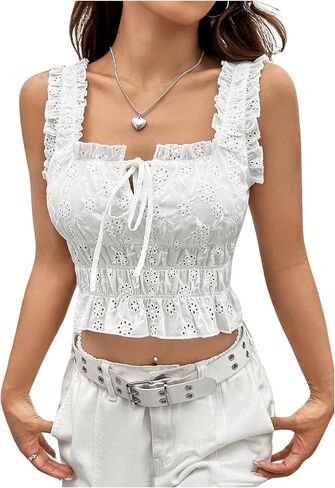 SHENHE Women's Square Neck Eyelet Embroidery Tank Top Frill Trim Ruffle Tie Front Cute Crop Top in Saudi Arabia