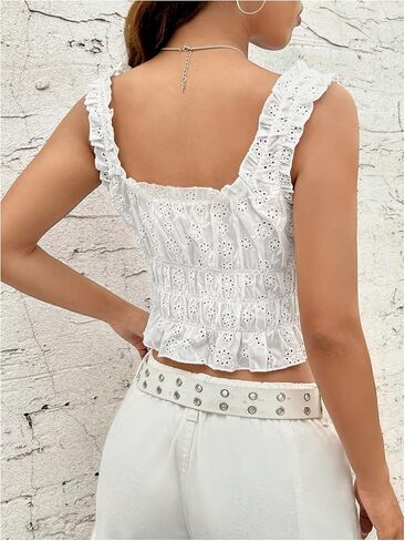 SHENHE Women's Square Neck Eyelet Embroidery Tank Top Frill Trim Ruffle Tie Front Cute Crop Top in Saudi Arabia