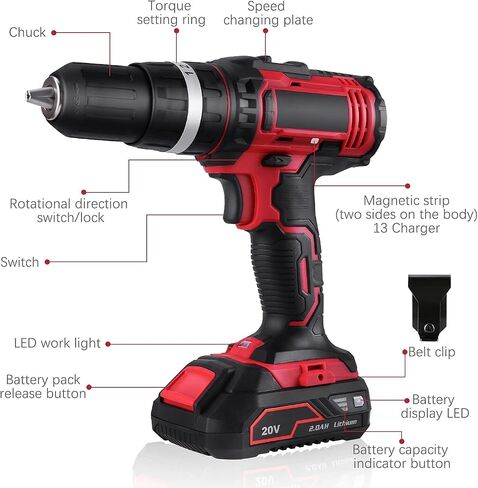 Cordless Drill 20V, Electric Power Drill Drivers Set 1/2'' Keyless Metal Chuck, 2.0AH Lithium-ion Battery & Fast Charger, 2 Variable Speed,350 In-lb Torque, 16+3 Stage Settings & 42 pcs Drill Bits (A) in Saudi Arabia