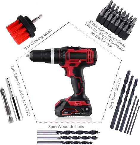 Cordless Drill 20V, Electric Power Drill Drivers Set 1/2'' Keyless Metal Chuck, 2.0AH Lithium-ion Battery & Fast Charger, 2 Variable Speed,350 In-lb Torque, 16+3 Stage Settings & 42 pcs Drill Bits (A) in Saudi Arabia