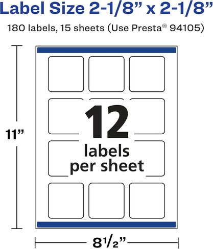 Avery Matte White Removable Square Labels with Sure Feed Technology, Print-to-The-Edge, 2-1/8" x 2-1/8", 180 Removable Labels, Laser/Inkjet Printable Labels in Saudi Arabia