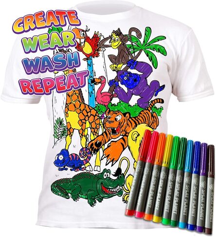 Splat Planet Color in Zoo T-Shirt with 10 Non-Toxic Washable Magic Pens - Color in and Wash Out and Color in Again T-Shirt White in Kuwait