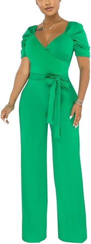 Green Formal Jumpsuits for Women Dressy V Neck Long Rompers Clubwear Casual Puff Short Sleeves Wide Leg Pants with Belt in Saudi Arabia