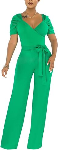 Green Formal Jumpsuits for Women Dressy V Neck Long Rompers Clubwear Casual Puff Short Sleeves Wide Leg Pants with Belt in Saudi Arabia