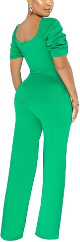 Green Formal Jumpsuits for Women Dressy V Neck Long Rompers Clubwear Casual Puff Short Sleeves Wide Leg Pants with Belt in Saudi Arabia