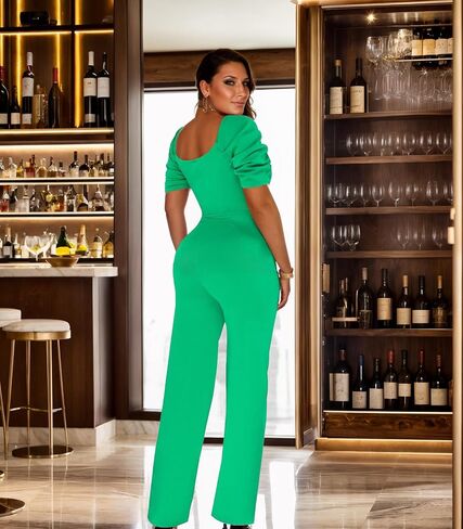 Green Formal Jumpsuits for Women Dressy V Neck Long Rompers Clubwear Casual Puff Short Sleeves Wide Leg Pants with Belt in Saudi Arabia