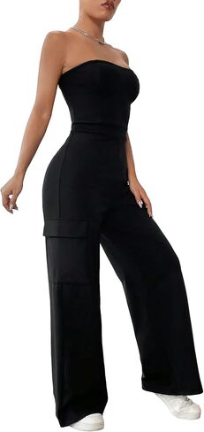 MakeMeChic Women's Casual Solid Backless Sleeveless Jumpsuits Flap Pocket Side Tube Jumpsuit in Saudi Arabia