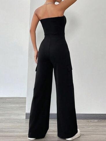 MakeMeChic Women's Casual Solid Backless Sleeveless Jumpsuits Flap Pocket Side Tube Jumpsuit in Saudi Arabia