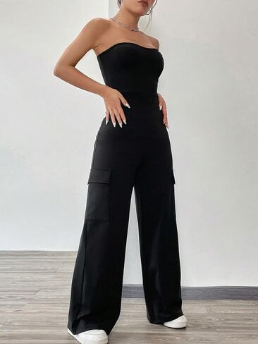 MakeMeChic Women's Casual Solid Backless Sleeveless Jumpsuits Flap Pocket Side Tube Jumpsuit in Saudi Arabia