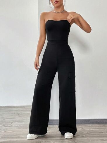 MakeMeChic Women's Casual Solid Backless Sleeveless Jumpsuits Flap Pocket Side Tube Jumpsuit in Saudi Arabia
