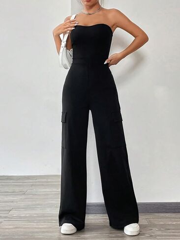 MakeMeChic Women's Casual Solid Backless Sleeveless Jumpsuits Flap Pocket Side Tube Jumpsuit in Saudi Arabia