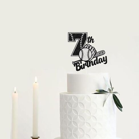 غلاف كعكة عيد الميلاد السابع السعيد - غلاف كعكة البيسبول لديكور حفلات عيد الميلاد السابع - حفلة بيسبول عمرها سبع سنوات باللونين الأسود والفضي اللامع in Kuwait