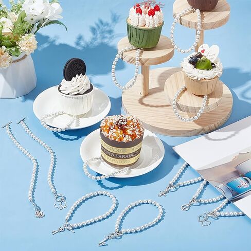 FINGERINSPIRE 12Pcs 10Inch White Individual Pearl Beaded Wedding Cake Pulls 12Style Wedding Cake Charm Pull with Alloy Silver Charm Bracelet for Birthday Party Wedding Decoration Bridesmaid Luncheon in Saudi Arabia