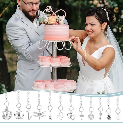 FINGERINSPIRE 12Pcs 10Inch White Individual Pearl Beaded Wedding Cake Pulls 12Style Wedding Cake Charm Pull with Alloy Silver Charm Bracelet for Birthday Party Wedding Decoration Bridesmaid Luncheon in Saudi Arabia
