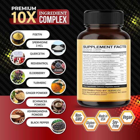 Fisetin 10-in-1 Formula - 16,030mg with Spermidine Quercetin Resveratrol, Elderberry, Turmeric Non-GMO, Gluten-Free, Soy-Free in Saudi Arabia