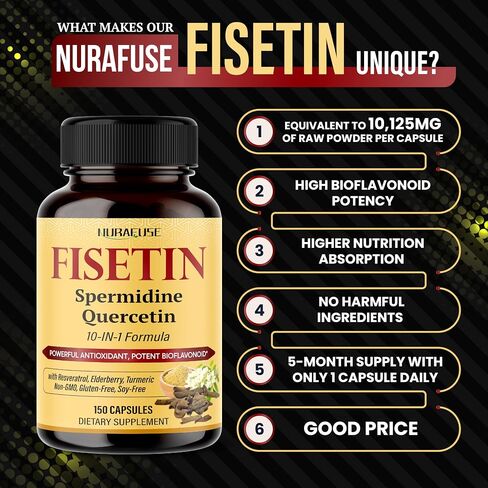 Fisetin 10-in-1 Formula - 16,030mg with Spermidine Quercetin Resveratrol, Elderberry, Turmeric Non-GMO, Gluten-Free, Soy-Free in Saudi Arabia