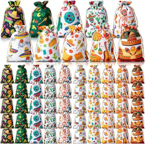 Shinylin 50 جهاز كمبيوتر شخصى من أكياس الحلوى المكسيكية لتزيين هدايا الحفلات المكسيكية، أكياس هدايا فييستا جودي قابلة لإعادة الاستخدام، أكياس حلوى قطنية صغيرة مقاس 4 × 6 بوصة، حقائب هدايا برباط من سينكو دي مايو لحفلات العيد المكسيكي in Kuwait