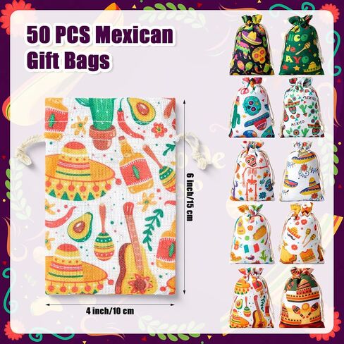 Shinylin 50 جهاز كمبيوتر شخصى من أكياس الحلوى المكسيكية لتزيين هدايا الحفلات المكسيكية، أكياس هدايا فييستا جودي قابلة لإعادة الاستخدام، أكياس حلوى قطنية صغيرة مقاس 4 × 6 بوصة، حقائب هدايا برباط من سينكو دي مايو لحفلات العيد المكسيكي in Kuwait