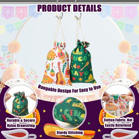 Shinylin 50 جهاز كمبيوتر شخصى من أكياس الحلوى المكسيكية لتزيين هدايا الحفلات المكسيكية، أكياس هدايا فييستا جودي قابلة لإعادة الاستخدام، أكياس حلوى قطنية صغيرة مقاس 4 × 6 بوصة، حقائب هدايا برباط من سينكو دي مايو لحفلات العيد المكسيكي in Kuwait