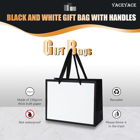 YACEYACE Black and White Gift Bags Bulk, 10Pcs 10.5"x4.25"x8" Medium Boutique Gift Bags with Handles, Wedding Bags, Party Bags, Birthday Bags, Retail in Saudi Arabia