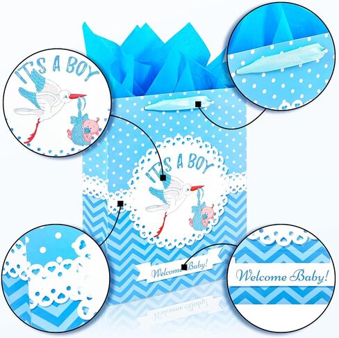13" Large Baby Shower Birthday Gift Bags for Boy with Tissue Papers and Card(Elephant) in Saudi Arabia