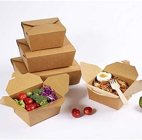 50pcs - Paper Food Take Out Containers - 25oz with Waist Seal Band - Eco Friendly Disposable and Recyclable Kraft Paper Box - Sturdy, Leak & Grease Proof Microwavable Boxes in Saudi Arabia