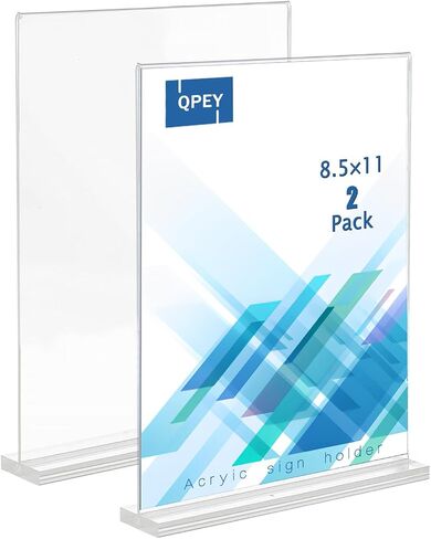 حامل علامة أكريليك QPEY، حامل علامة شفاف مقاس 8.5 × 11 بوصة على شكل حرف T على الوجهين لقائمة الطاولة وحامل عرض سطح المكتب وحامل الورق علامة أكريليك (شفاف) (قطعتان 8.5 × 11 بوصة) in Kuwait