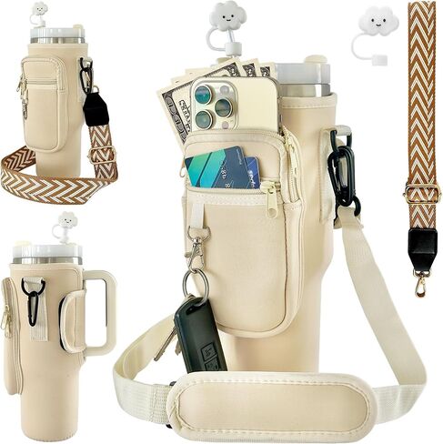 Water Bottle Carrier Bag with Phone Pocket for 40/30oz Tumbler Neoprene Holder Pouch with Adjustable Strap, Boho Shoulder Strap, Straw Cover, Carabiner, Cup Accessories, Travelling Camping Gym, White in Saudi Arabia