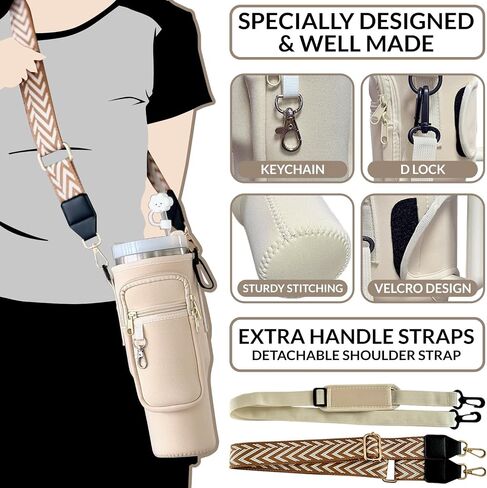 Water Bottle Carrier Bag with Phone Pocket for 40/30oz Tumbler Neoprene Holder Pouch with Adjustable Strap, Boho Shoulder Strap, Straw Cover, Carabiner, Cup Accessories, Travelling Camping Gym, White in Saudi Arabia
